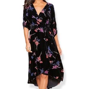 Eliza J Black Velvet Floral High Low Faux Wrap Dress